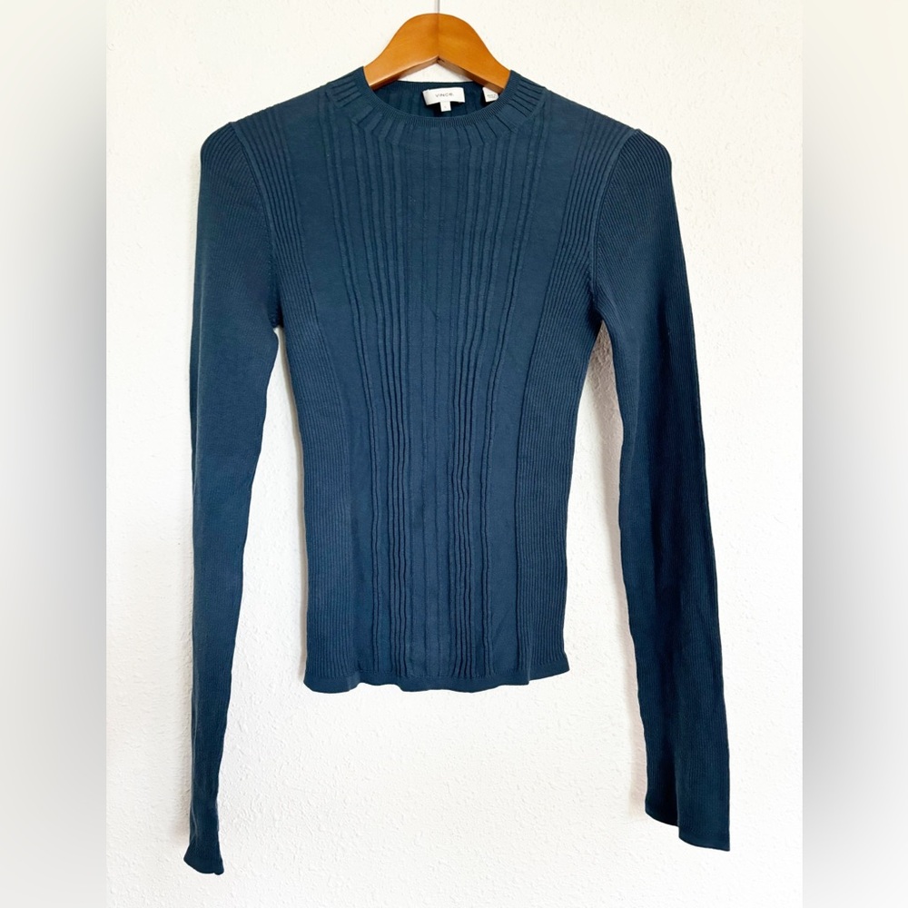 Vince Ribbed Blue Cotton Pullover Stretch Sweater Large